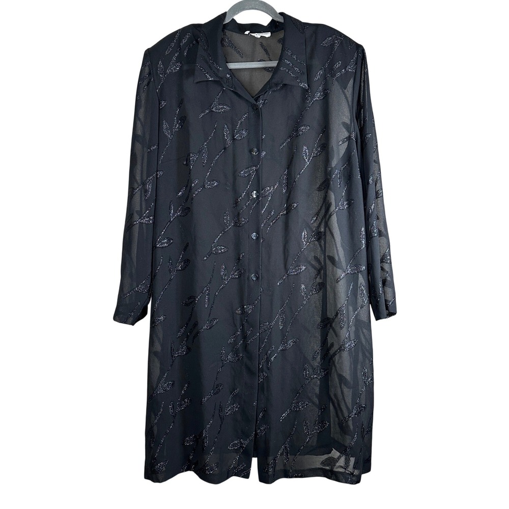 Vintage Black Sheer Glitter Floral Longline Button Down Shirt Whimsigoth